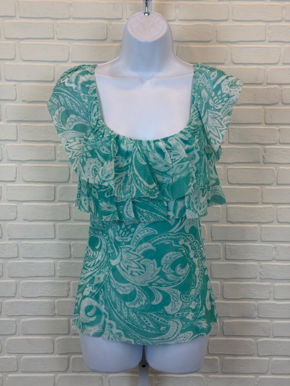 Cache Paisley Ruffle Top Teal Cap Sleeve Small
